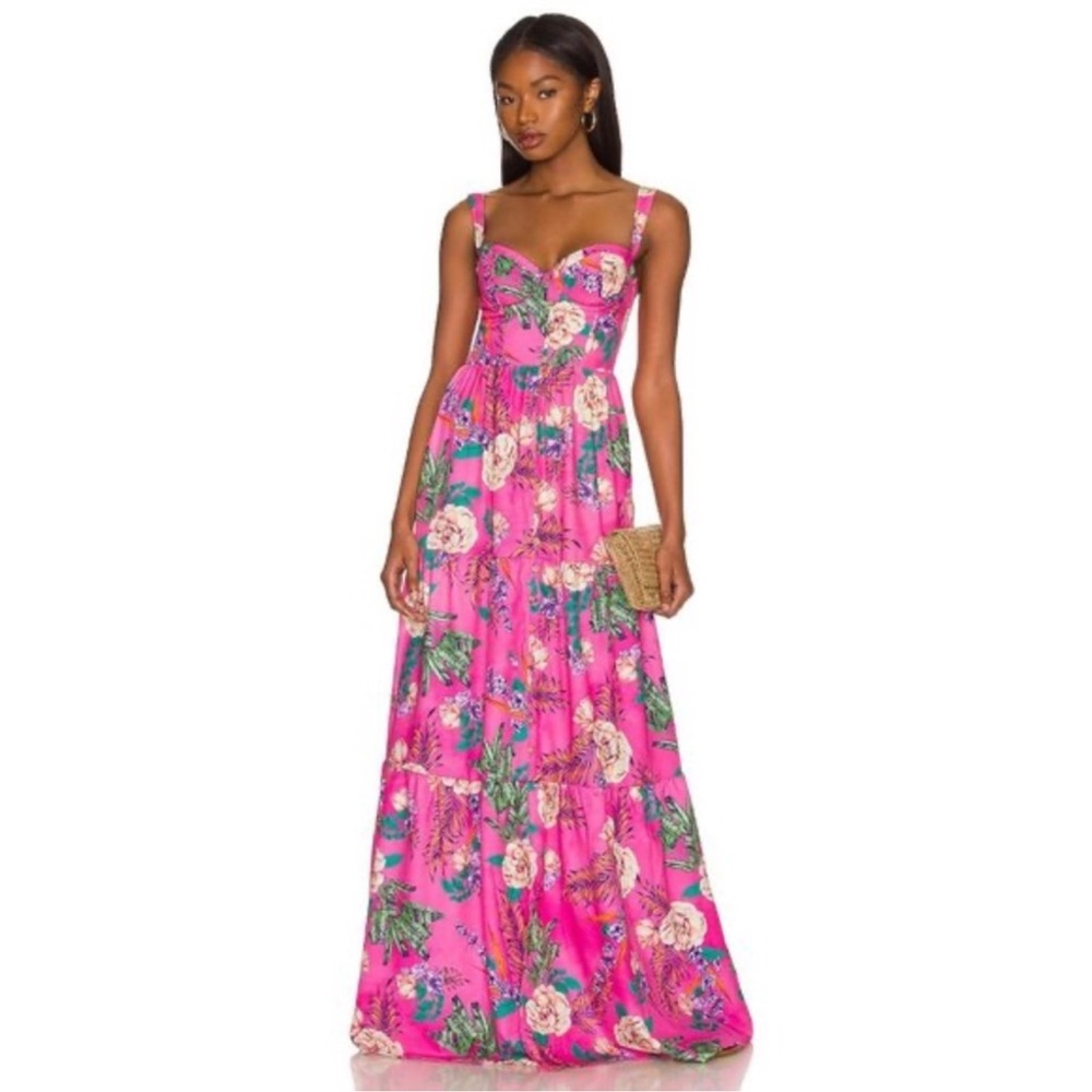 Agua Bendita x Revolve Alani Pink Floral Maxi Dress Tropical Tiered Resort New